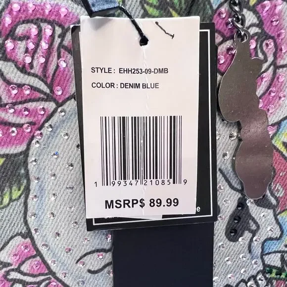 Ed Hardy Denim Tote Crossbody Satchel Bag Denim Pink Tattoo Skull Rhinestones - Picture 7 of 12